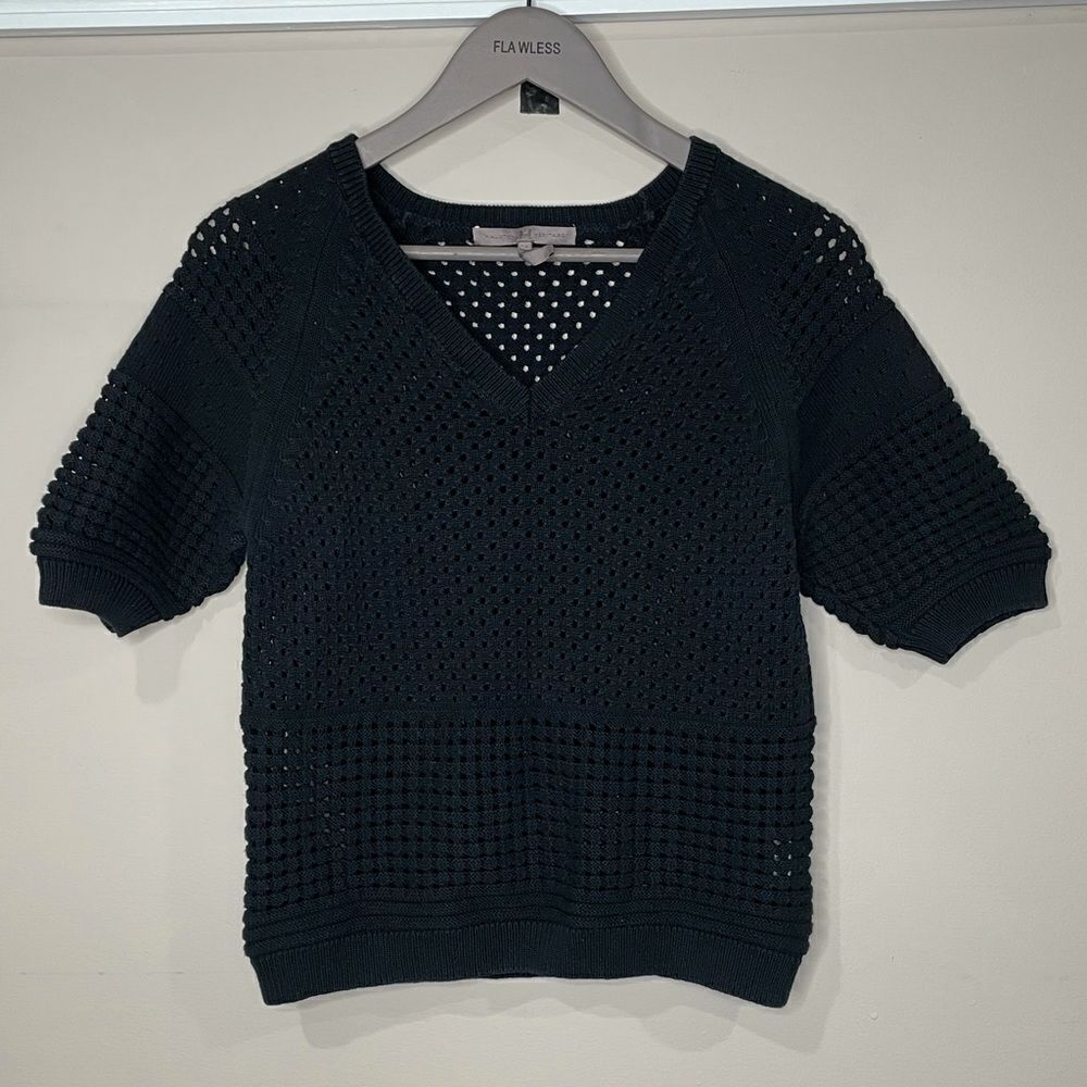 Halston Heritage Black Cotton Pullover Short Sleeve Sweater